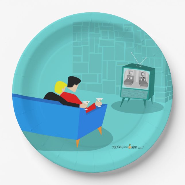 Retro Gay Couple Watching TV Paper Plate (Front)