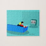 Retro Gay Couple Watching TV Puzzle<br><div class="desc">This Retro Gay Couple Watching TV design is simply fabulous! The 1960s style, minimalist art design features the back of a cosy couple and binging their favourite black and white television show. The sophisticated, turquoise and teal room prominently features a stone wall. The well-dressed men are holding martinis. Cheers to...</div>