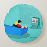 Retro Gay Couple Watching TV Round Pillow<br><div class="desc">This Retro Gay Couple Watching TV design is simply fabulous! The 1960s style, minimalist art design features the back of a cosy couple and binging their favourite black and white television show. The sophisticated, turquoise and teal room prominently features a stone wall. The well-dressed men are holding martinis. Cheers to...</div>