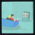 Retro Gay Couple Watching TV Stone Coaster<br><div class="desc">This Retro Gay Couple Watching TV design is simply fabulous! The 1960s style, minimalist art design features the back of a cosy couple and binging their favourite black and white television show. The sophisticated, turquoise and teal room prominently features a stone wall. The well-dressed men are holding martinis. Cheers to...</div>