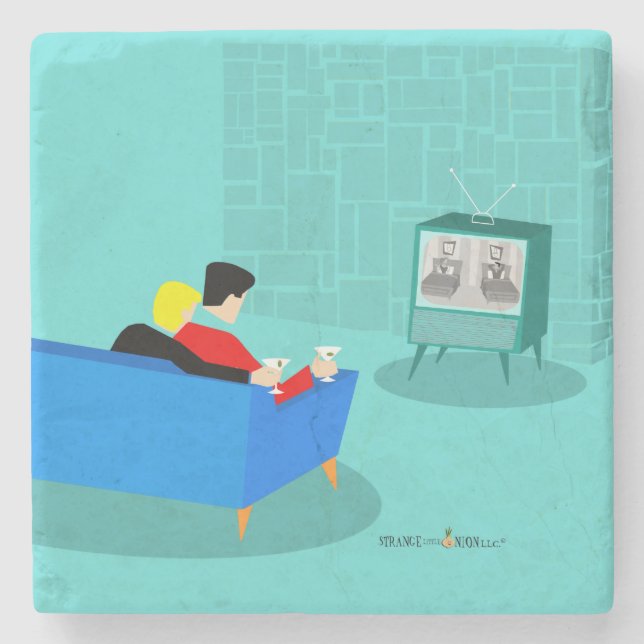 Retro Gay Couple Watching TV Stone Coaster (Front)