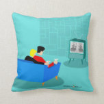 Retro Gay Couple Watching TV Throw Pillow<br><div class="desc">This Retro Gay Couple Watching TV design is simply fabulous! The 1960s style, minimalist art design features the back of a cosy couple and binging their favourite black and white television show. The sophisticated, turquoise and teal room prominently features a stone wall. The well-dressed men are holding martinis. Cheers to...</div>