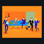 Retro Gay Party Poster<br><div class="desc">This Retro Gay Party Poster is orange, kitschy, and utterly fabulous! The 1960’s style, minimalist art design features an orange brick wall and turquoise, Palm Springs, breezy block barrier. The mid-century modern, low profile, blue, tufted couch with an avocado green throw pillow, orange, zebra hide rug and atomic, black cone...</div>