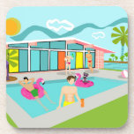 Retro Gay Pink Flamingo Pool Party  Coaster<br><div class="desc">This Retro Gay Pink Flamingo Pool Party captures the joy, camaraderie, and playful spirit of a nostalgic queer culture. Under the vibrant Palm Springs sun, a lively scene unfolds: sassy gay men in 1950s retro speedos and pink cat-eye sunglasses gather around a coral brick mid-century modern home. They lounge on...</div>