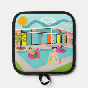 Retro Gay Pink Flamingo Pool Party  Pot Holder