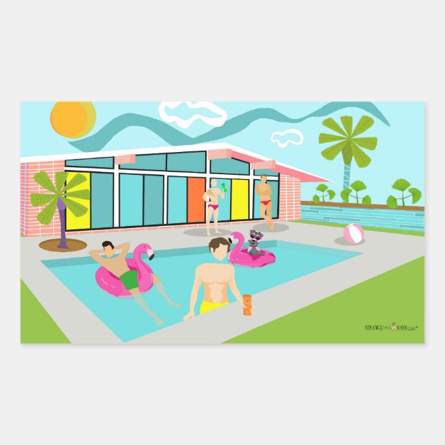 Retro Gay Pink Flamingo Pool Party  Rectangular Sticker (Front)
