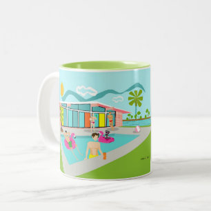Retro Gay Pink Flamingo Pool Party  Two-Tone Coffee Mug