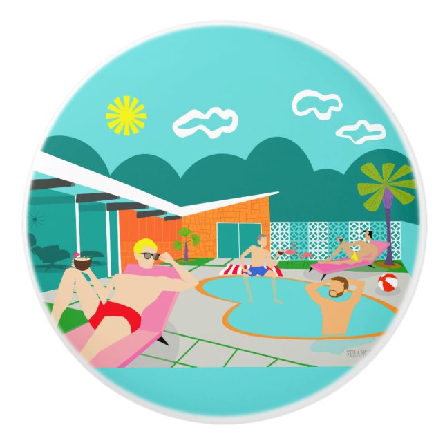 Retro Gay Pool Party Ceramic Pull (Front)