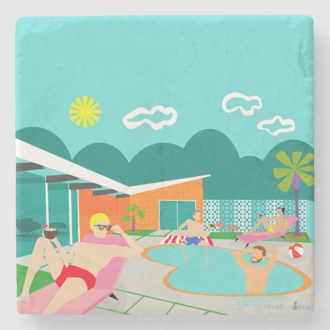 Retro Gay Pool Party Stone Coaster (Front)