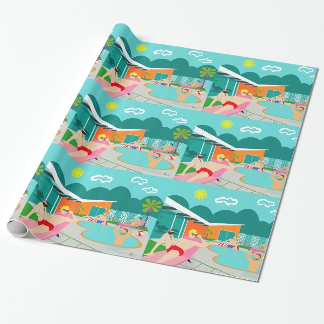 Retro Gay Pool Party Wrapping Paper (Unrolled)