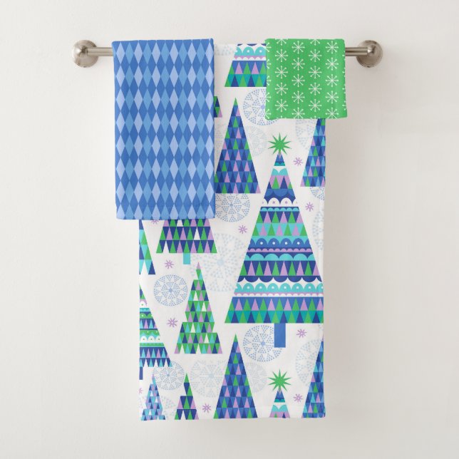 Retro Geo Scandi Christmas Trees Blue & Green Bath Towel Set (Insitu)