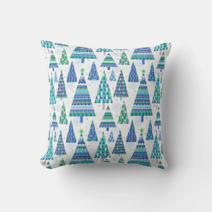 Retro Geo Scandi Christmas Trees Blue & Green Cushion