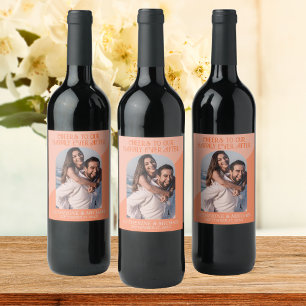 Retro Geometric 70's Arch Peach & Orange Wedding Wine Label