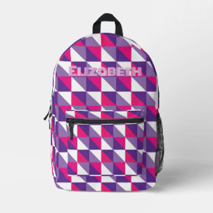 Retro Geometric Abstract Pink Purple & White Name Printed Backpack