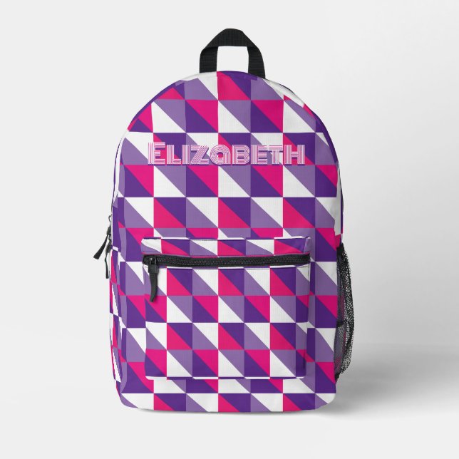 Retro Geometric Abstract Pink Purple & White Name Printed Backpack (Front)
