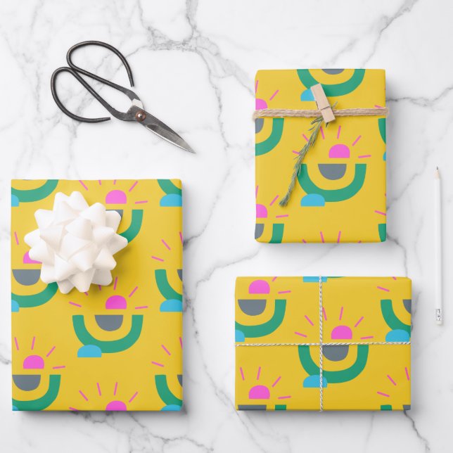 Retro Geometric Abstract Sunshine Pattern Yellow Wrapping Paper Sheet (Front)