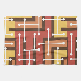 Retro Geometric Art Maze Burnt Orange Tea Towel