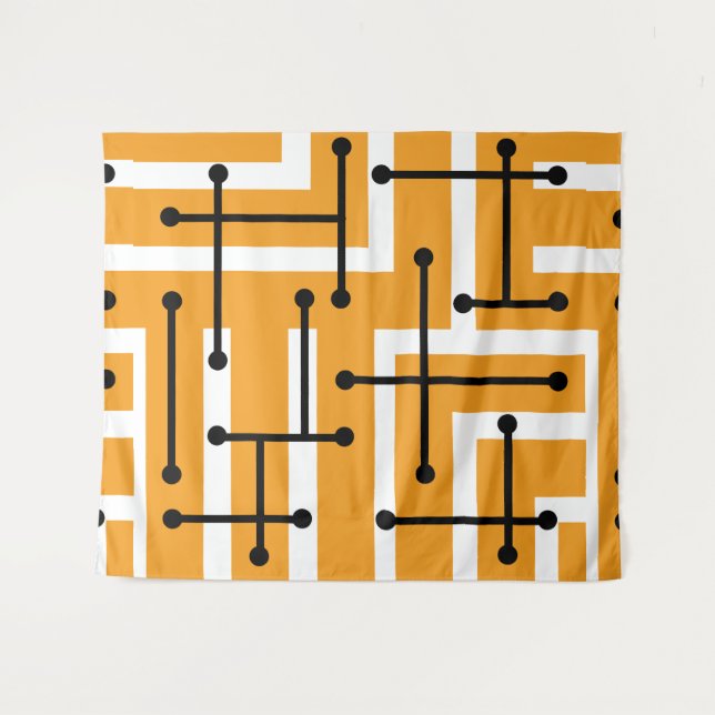 Retro Geometric Art Maze Orange Tapestry (Front (Horizontal))