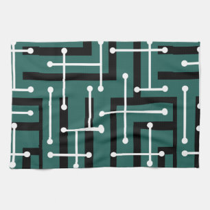 Retro Geometric Art Maze Teal Tea Towel