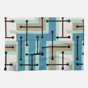 Retro Geometric Art Maze Turquoise Gold Tea Towel