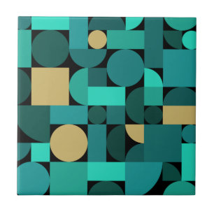 Retro Geometric Art Teal Gold Tile