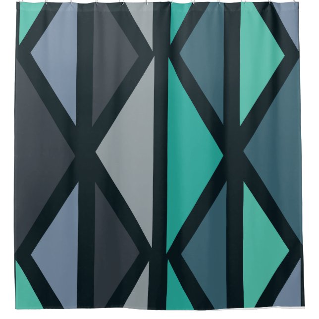 Retro Geometric Art Triangles Black Teal Shower Curtain (Front)
