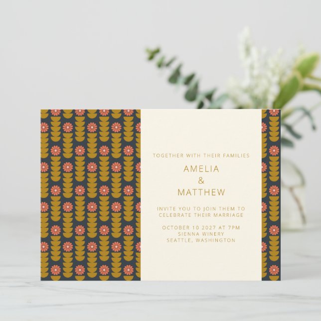 Retro Geometric Botanical Gold Navy Wedding Invitation (Standing Front)