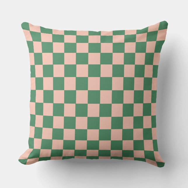 Retro Geometric Checkerboard Pattern Green Pink Cushion (Front)