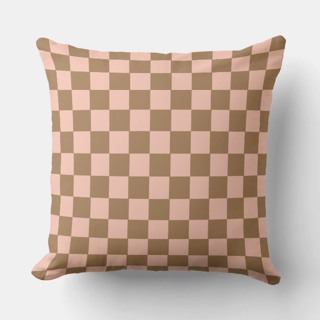 Retro Geometric Checkerboard Pattern Ochre Pink Cushion (Front)