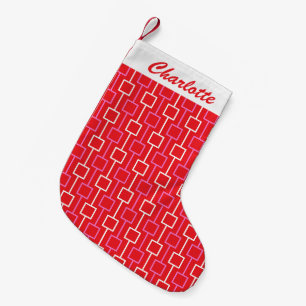 Retro Geometric Christmas Red Pattern Personalised Small Christmas Stocking