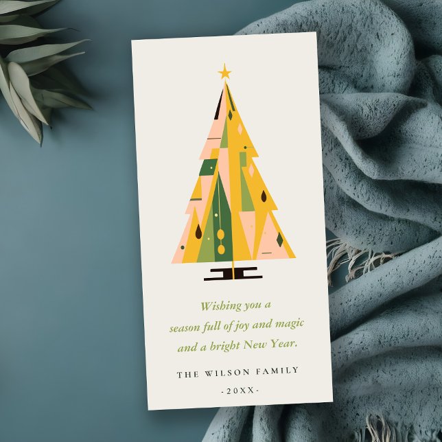 Retro Geometric Christmas Tree Blush Mustard Green Holiday Card (Creator Uploaded)