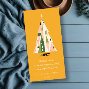 Retro Geometric Christmas Tree Blush Mustard Green Holiday Card