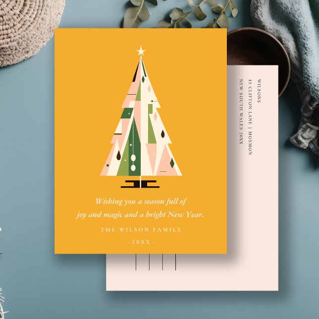 Retro Geometric Christmas Tree Blush Mustard Green Holiday Postcard (Creator Uploaded)