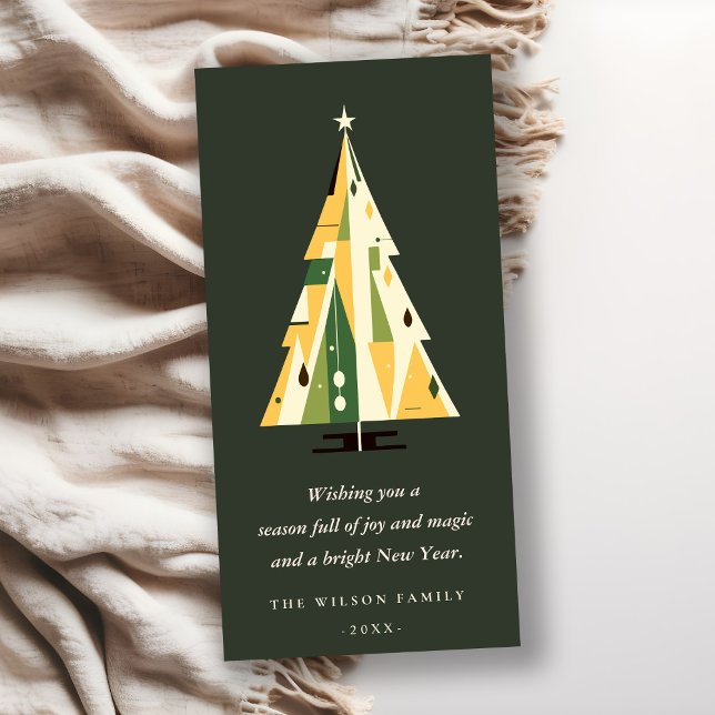 Retro Geometric Christmas Tree Yellow Forest Green Holiday Card (Creator Uploaded)
