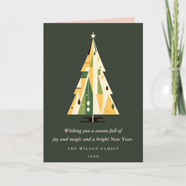 Retro Geometric Christmas Tree Yellow Forest Green Holiday Card (Front)