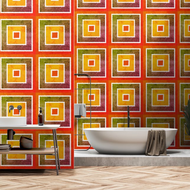 Retro Geometric Color Blocks Pattern Wallpaper (Bathroom)