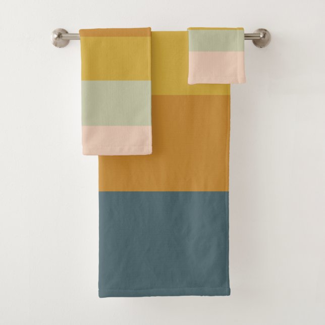 Retro Geometric Colour Block Striped Muted Pastels Bath Towel Set (Insitu)