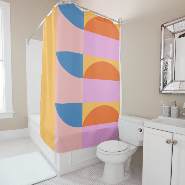 Retro Geometric Colour Block Vibrant Yellow Blue Shower Curtain (In Situ)