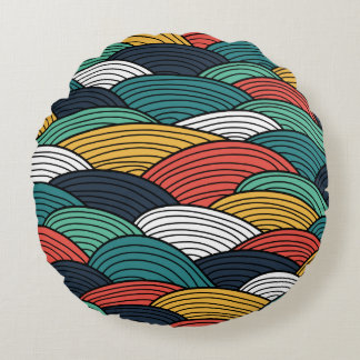 Retro geometric colourful wave pattern Throw Round Cushion