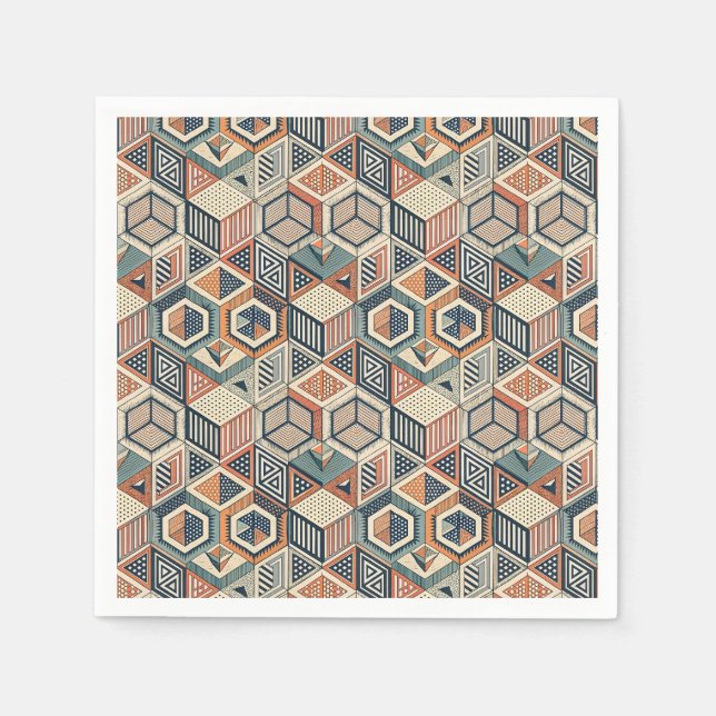 Retro Geometric Cubes & Triangles Illusion Pattern Napkin (Front)