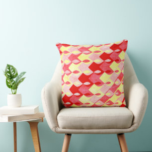 Retro Geometric Diamond Pattern Red, Pink & Yellow Cushion