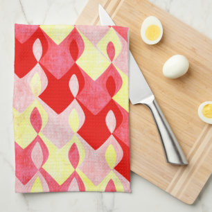 Retro Geometric Diamond Pattern Red, Pink & Yellow Tea Towel