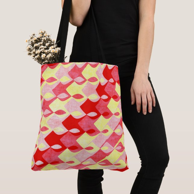 Retro Geometric Diamond Pattern Red, Pink & Yellow Tote Bag (Close Up)