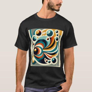 Retro Geometric Fish with Bubbles in Teal and Ochr T-Shirt