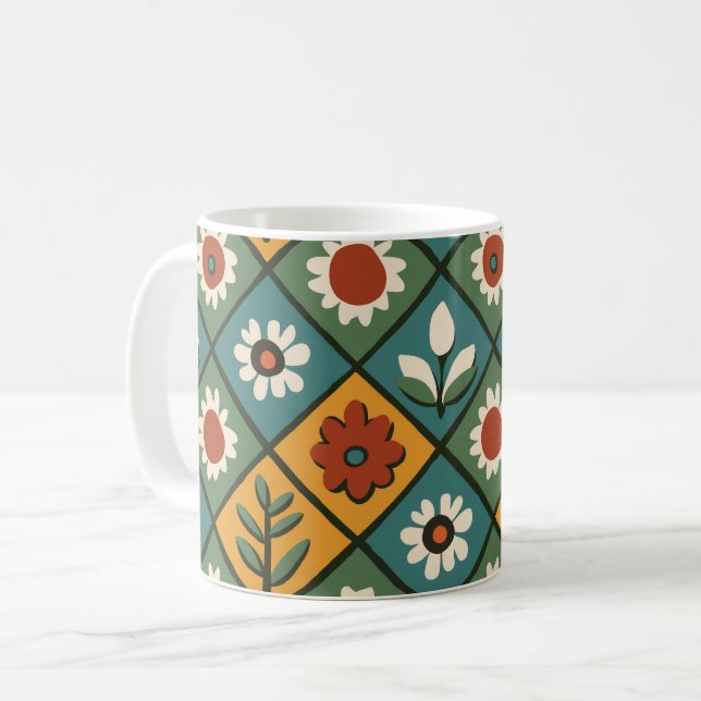 Retro Geometric Floral Mug (Front Left)