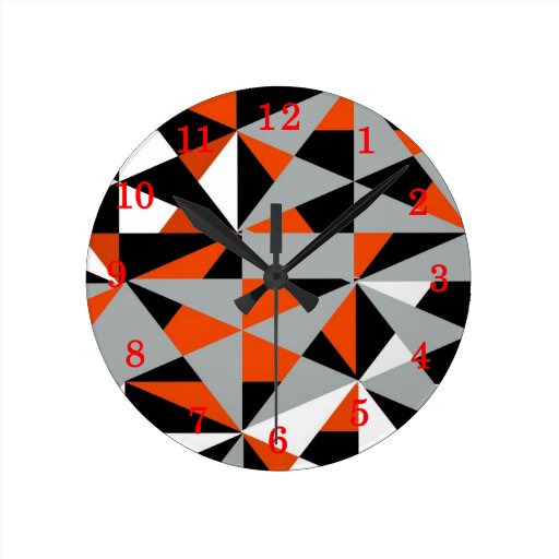 Image of Retro Geometric Funky Orange Grey Black Pattern Round Clock