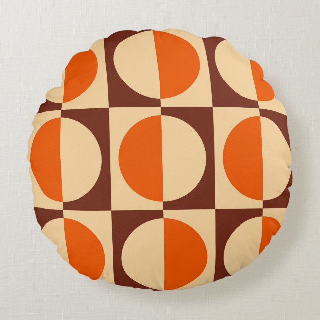 Retro Geometric Half Square and Circle Pattern Round Cushion (Front)