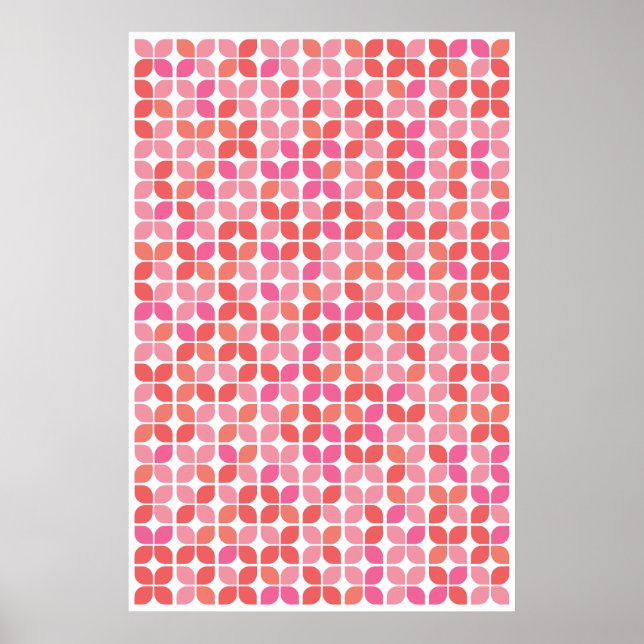 Retro Geometric Leaf Pattern Coral Orange Pink Poster (Front)
