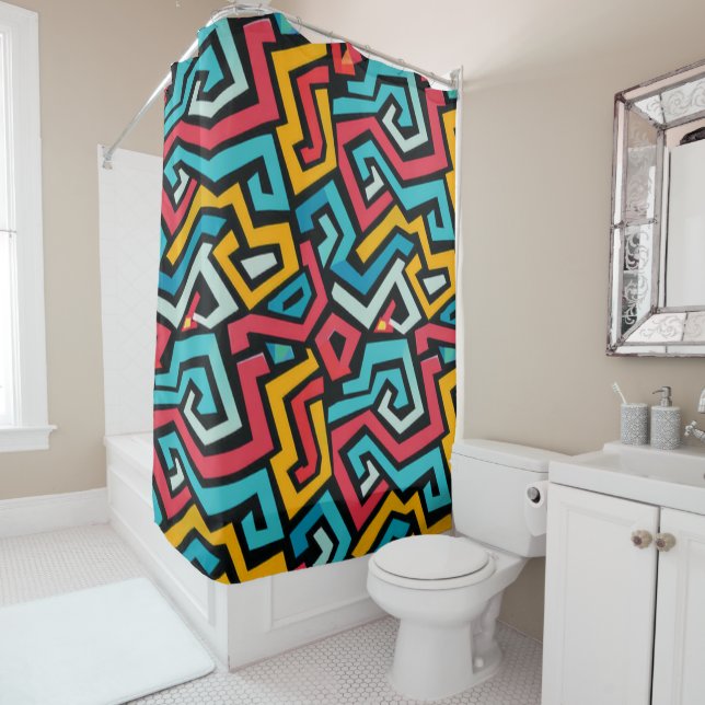 Retro Geometric Maze Pattern Shower Curtain (In Situ)