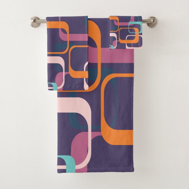 Retro Geometric Mid Century Shapes Atomic Purple Bath Towel Set (Insitu)